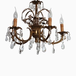 Lampadario a 5 luci in ottone e cristallo, anni '70