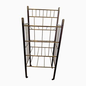 Art Nouveau Art Deco Newspaper Rack in Wood and Brass with Wheels, 1920s