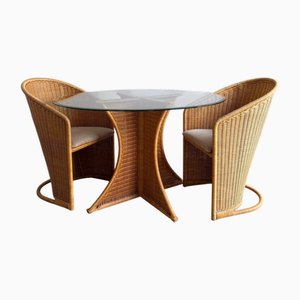Wicker Rattan Table with Glass Top, 1980s