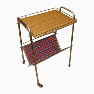 Formica Newspaper Rack with Red Checkered Shelf and Wheels, 1960s