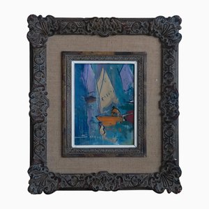 Josep Sarquella i Escobet, Sailboats in Port, Original Oil on Canvas