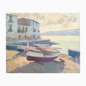 R. Sans, Post-Impressionist Boats on the Shore, Catalonia, 1980s, Oil on Canvas
