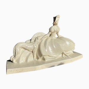 Lejan, Grande scultura Art Deco di Dama con levriero, anni '30, terracotta Craquele