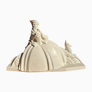 Lejan, Grande scultura Art Deco di Dama e gazzella, anni '30, Terracotta Craquele