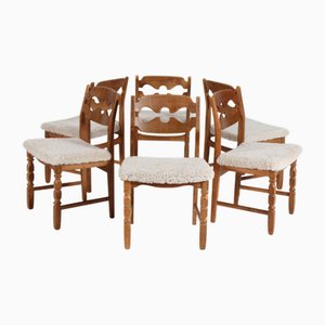 Danish Razor Blade Chairs in Oak and Sheepskin from Henning Kjærnulf, 1970s, Set of 6