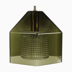 Lampada a sospensione in vetro verde scuro con raccordi in ottone di Carl Fagerlund per Orrefors, Svezia, anni '60