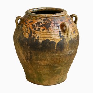 Large Antique French Glazed Terracotta Jar with Iridescent Patina, 1890s