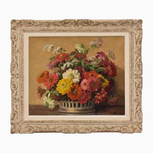 Maurice Alfred Decamps, Art Deco Still Life with Zinnias and Gerberas, Oil on Canvas, 20th Century, Framed
