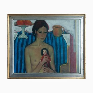 Calon, Seated Nude with Doll, 1980s, Original Oil on Canvas