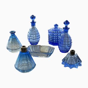 Flacons de Parfum et Pot à Poudre en Verre Pressé, 1940s, Set de 7