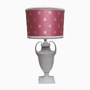 German White Glazed Porcelain Table Lamp with Handmade Fabric Shade, 1970s