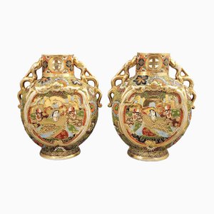 Late-Meiji Satsuma Moon-Flask Vases with Dragon Handles, 1890s, Set of 2