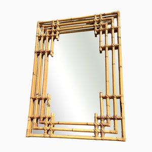 Espejo escultural grande hecho a mano de bambú natural y ratán tejido, 1960