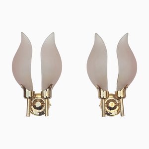 Pink Frosted Glass Leaves Wall Sconces, 1970s, Set of 2