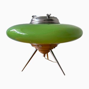 Vintage Portuguese Space Age UFO Ashtray Lamp in Opaline Glass and Chromed Brass, 1950s