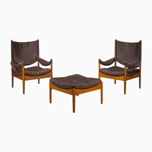 Poltrone Mid-Century moderne in quercia e pelle con poggiapiedi di Kristian Vedel per Søren Wiladsen, Danimarca, anni '60, set di 3