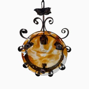 Grande Lampe à Suspension Méditerranéenne en Verre de Murano et Fer Forgé Décoré, 1960s