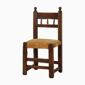 Spanish Hand-Carved Oak Side Chair with Velour Seat, 19th Century