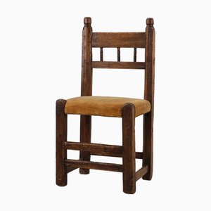 Silla auxiliar española de roble tallado a mano con asiento de terciopelo, siglo XIX