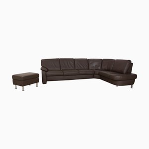 Brown Leather Corner Sofa and Ottoman with Storage Space from Hukla, Set of 2