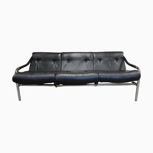 Vintage Pieff Kadia Three-Seater Sofa in Black Leather and Chrome by Tim Bates, 1970s
