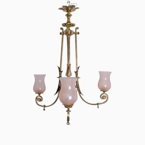 Art Deco Pink Glass Brass Chandelier, 1930s