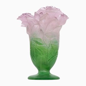 Vase Art Roses en Verre Rose et Vert de Daum, France, 1970s