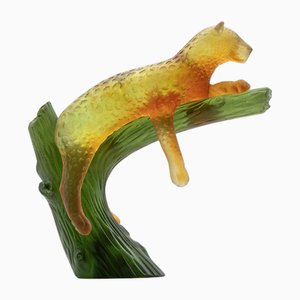 Art Glass Panter on Tree Sculpture from Daum, France, 1970s