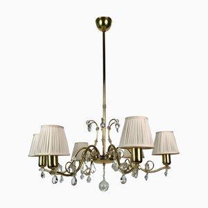 Brass 6-Arm Chandelier with Cream Silk Shades, Austria, 1940s