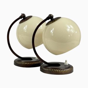 Burnished Brass and Opaline Glass Table Lamps, Germany, 1930s, Set of 2
