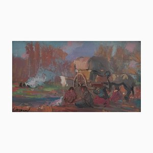 Escena de campo impresionista, pintura al óleo