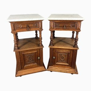 Antique French Carved Oak Bedside Tables with Marble Tops, Set of 2