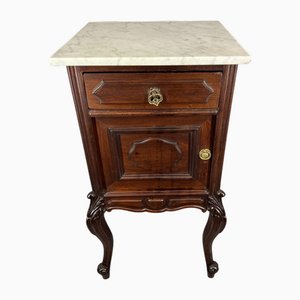 Antique French Carved Walnut Bedside Table with Marble Top