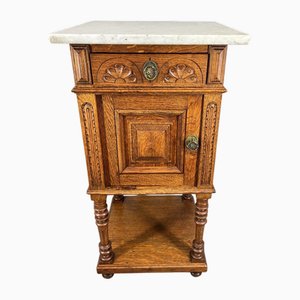 Antique French Carved Oak Bedside Table with Marble Top