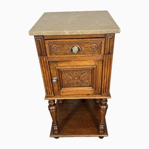 Antique French Carved Oak Bedside Table with Marble Top