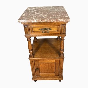 Antique French Carved Oak Bedside Table with Marble Top