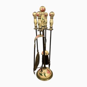 Vintage French Hand-Painted Brass Fireplace Tool Stand, Set of 5