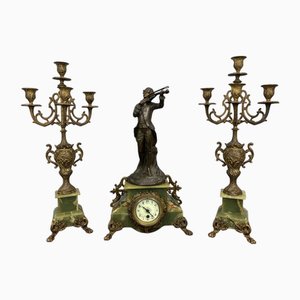 Horloge de Cheminée Vintage en Onyx et Laiton avec Candélabres à 4 Bras, Set de 3