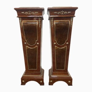 Mahogany and Brass Decorated Pedestals with Marble Tops and Walnut Veneer Panels, Set of 2