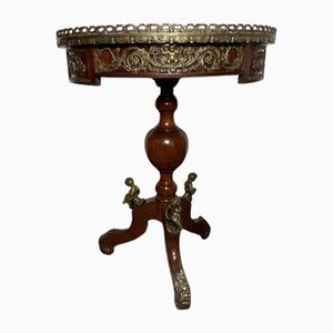 French Style Round Centre Table in Marquetry and Brass with Cherub Motifs and Glass Top