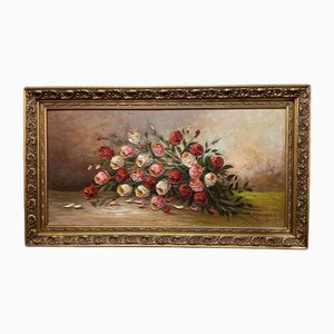 Nature Morte, 20ème Siècle, Grande Peinture à l'Huile sur Toile, Encadrée