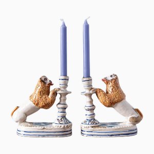 Portacandele Lion in Faience, Italia, XVIII secolo, set di 2