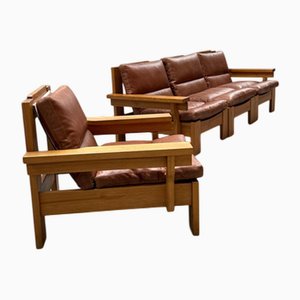 Scandinavian Modular Sofa in Pine and Cognac Leather, 1970s, Set of 4