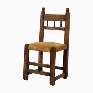 Silla auxiliar española de roble tallado a mano con asiento de terciopelo, siglo XIX