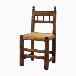 Silla auxiliar española de roble tallado a mano con asiento de terciopelo, siglo XIX