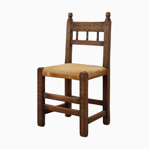 Silla auxiliar española de roble tallado a mano con asiento de terciopelo, siglo XIX