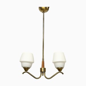 Lampada da soffitto Mid-Century moderna in vetro opalino, teak e ottone, Svezia, anni '40-'50