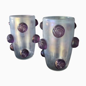 Large Iridescent Murano Glass Vases with Purple Rosebuds, 1980s, Set of 2
