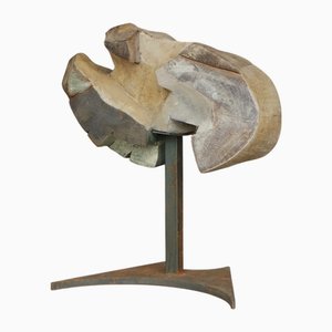 Carved Brutalist Abstract Sculpture, 1970s, Wood and Metal