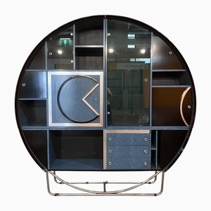 Libreria grande rotonda geometrica in legno, metallo e vetro, anni '70